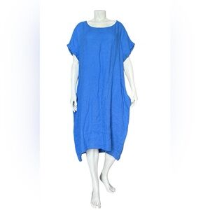 Cali+Co Linen Midi Dress With Side Rib Panel Size XXL Blue 100% Linen Lagenlook